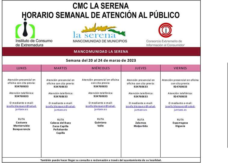 Horario semanal de Atención al público de CMC La Serena