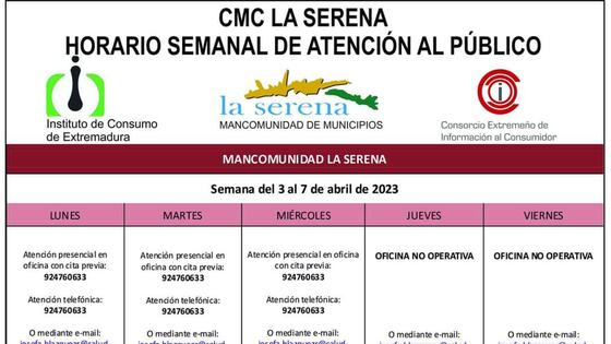 Horario semanal de Atención al público de CMC La Serena