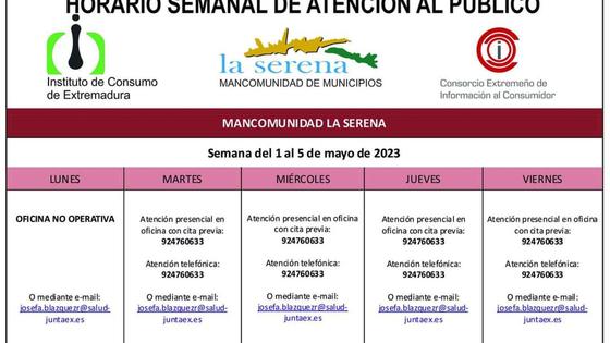 Horario semanal de Atención al público de CMC La Serena