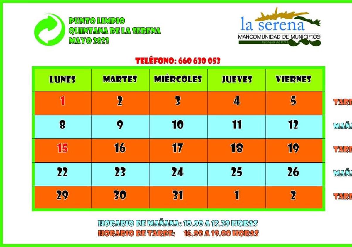 Horario del punto limpio para el mes de mayo
