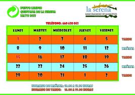 Horario del punto limpio para el mes de mayo