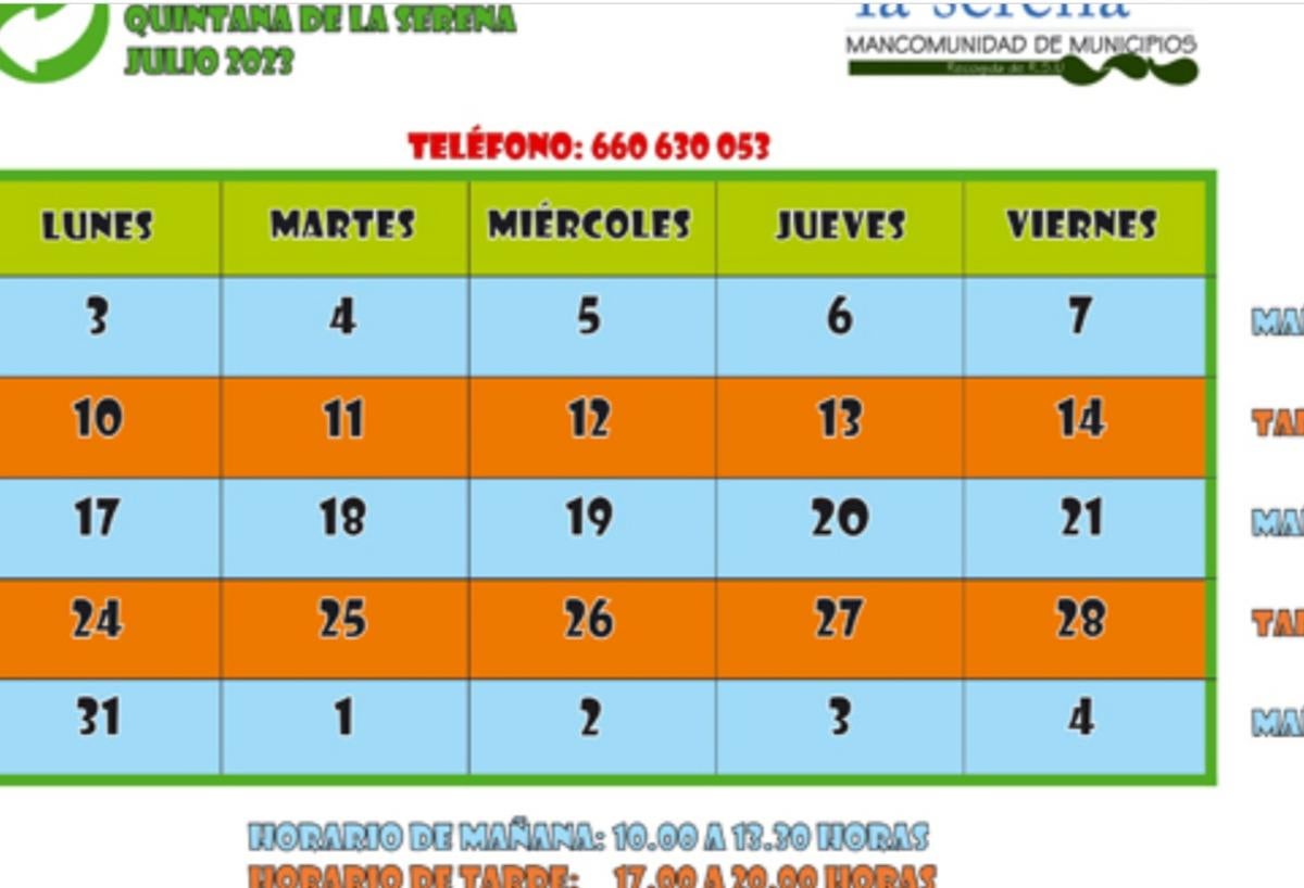 Horario del punto limpio para el mes de julio