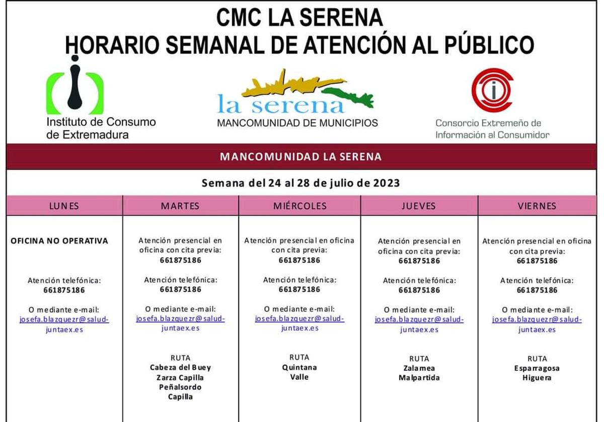 Horario semanal de Atención al público de CMC La Serena