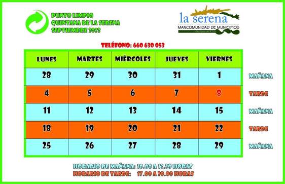 Horario del punto limpio para el mes de septiembre