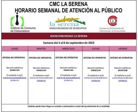Horario semanal de Atención al público de CMC La Serena