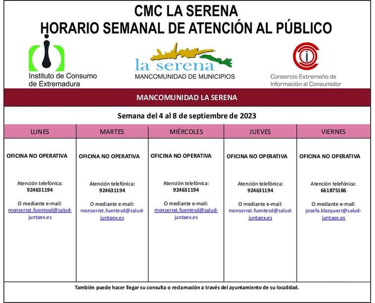 Horario semanal de Atención al público de CMC La Serena