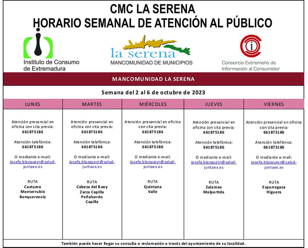 Horario semanal de Atención al público de CMC La Serena