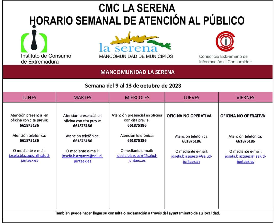 Horario semanal de Atención al público de CMC La Serena