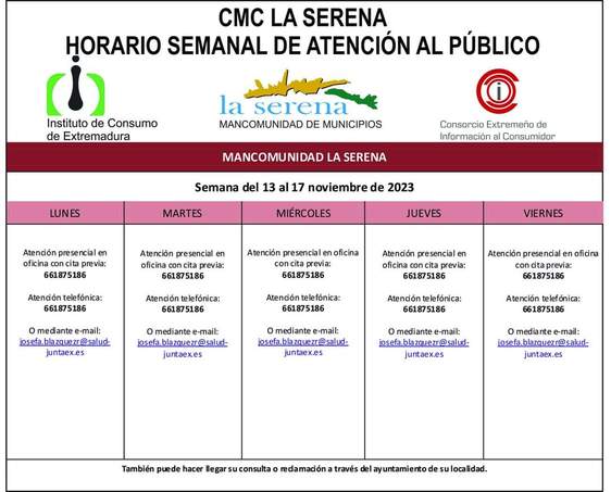 Horario semanal de Atención al público de CMC La Serena