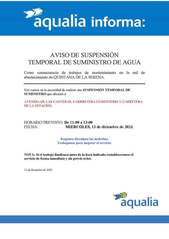 El Ayuntamiento avisa de un corte de agua