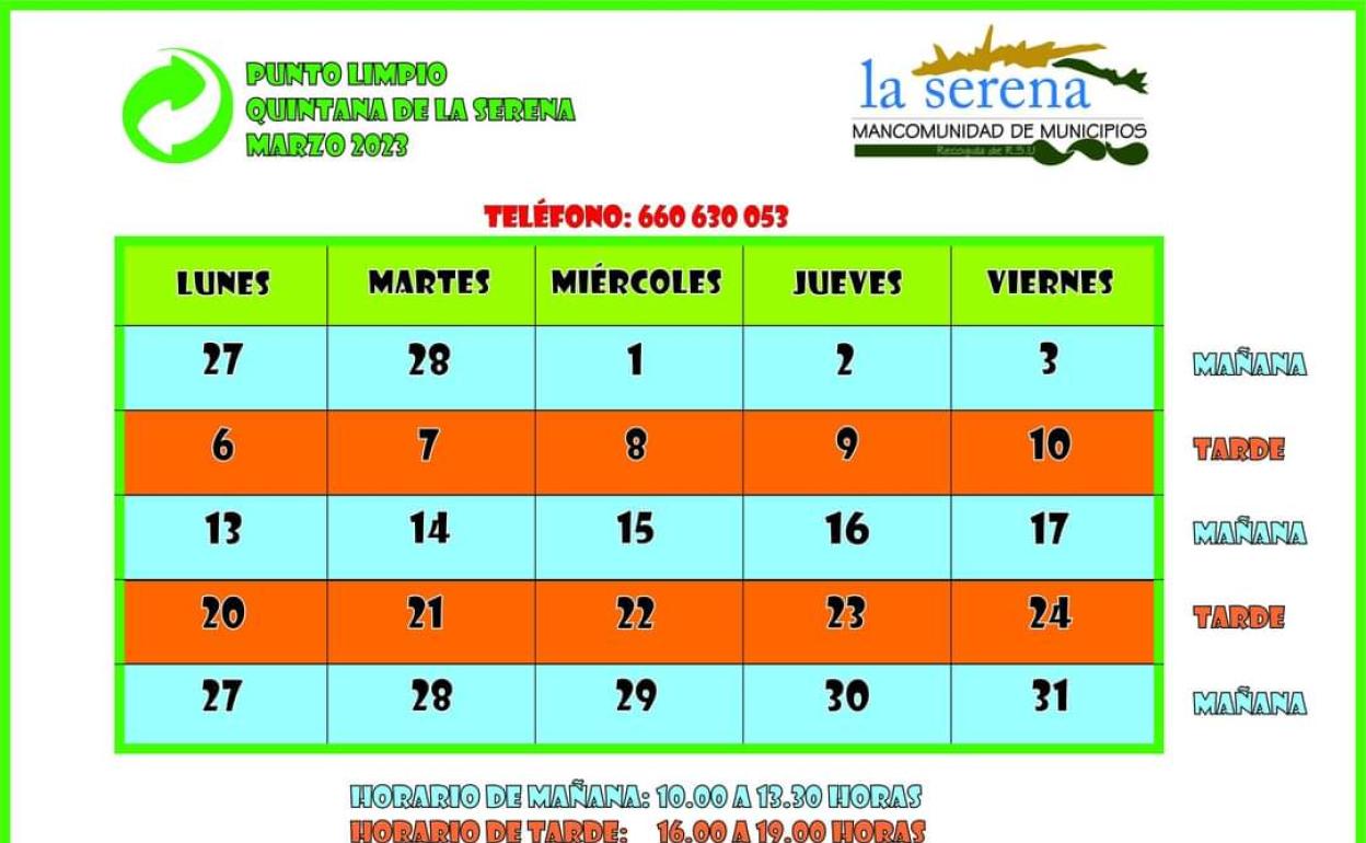 Horario del punto limpio para el mes de marzo