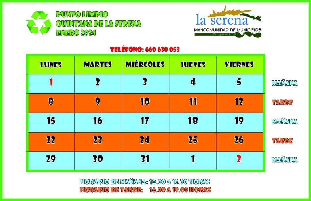 Horario del punto limpio para el mes de enero