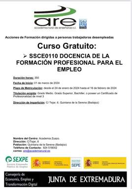 El centro de formación de Quintana ofrece el curso de Docencia para la formación para personas desempleadas