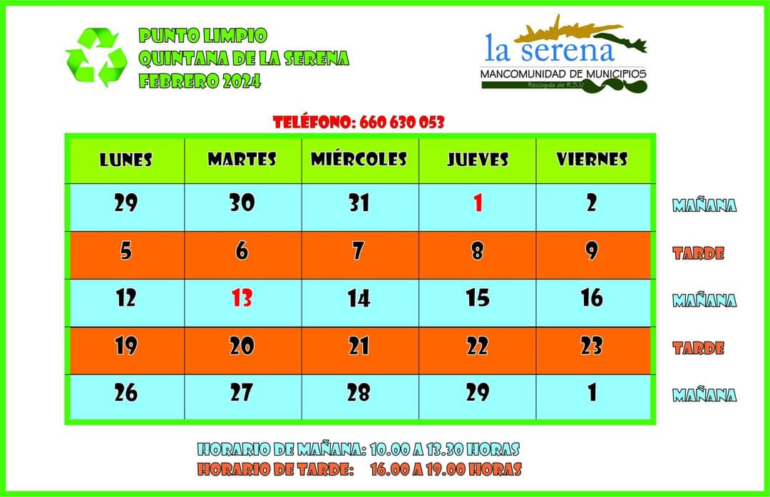 Horario del punto limpio para el mes de febrero