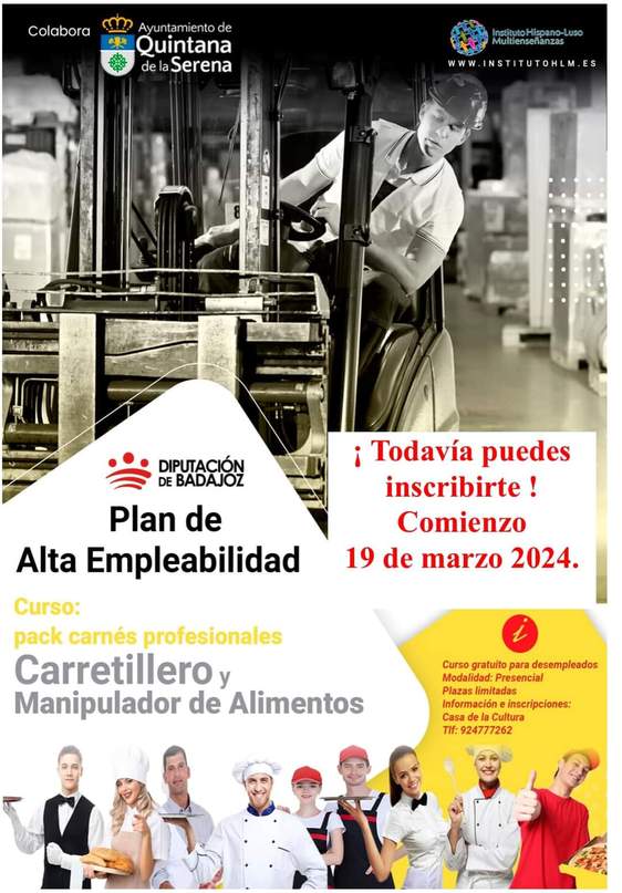 El Ayuntamiento anuncia el comienzo del curso de carretillero y manipulador de alimentos