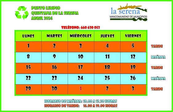 Horario del punto limpio para el mes de abril