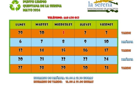 Horario del punto limpio para el mes de mayo