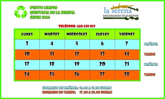 Horario del punto limpio para el mes de junio