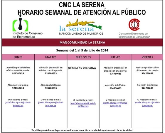 Horario semanal de Atención al público de CMC La Serena