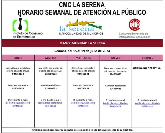 Horario semanal de Atención al público de CMC La Serena