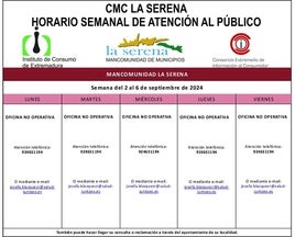 Horario semanal de Atención al público de CMC La Serena