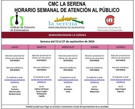 Horario semanal de Atención al público de CMC La Serena