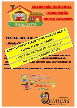 Abierto el plazo de inscripción para realizar la inscripción a la Guardería Municipal