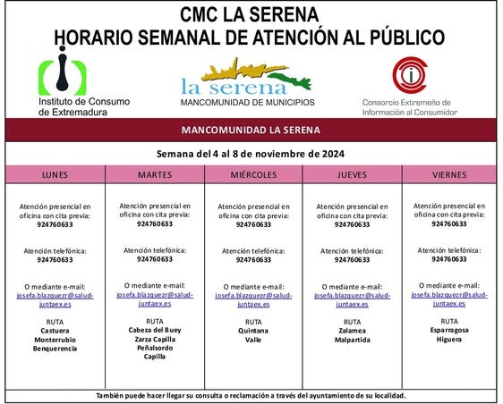Horario semanal de Atención al público de CMC La Serena