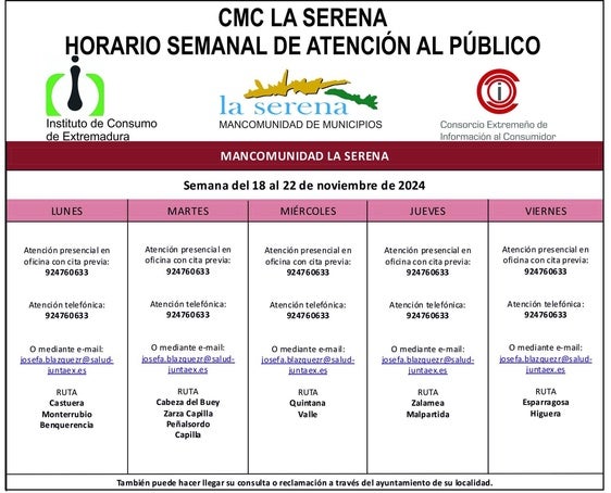 Horario semanal de Atención al público de CMC La Serena
