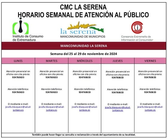 Horario semanal de Atención al público de CMC La Serena