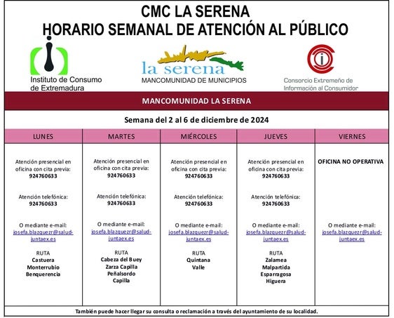 Horario semanal de Atención al público de CMC La Serena