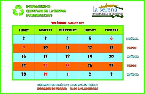 Horario del punto limpio para el mes de diciembre