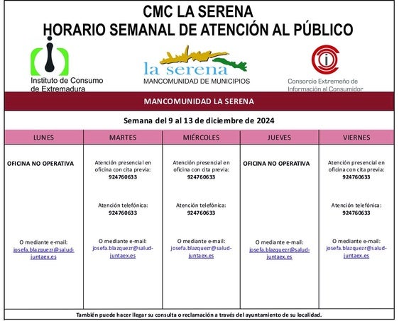 Horario semanal de Atención al público de CMC La Serena