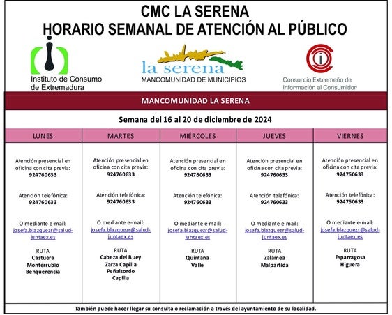 Horario semanal de Atención al público de CMC La Serena