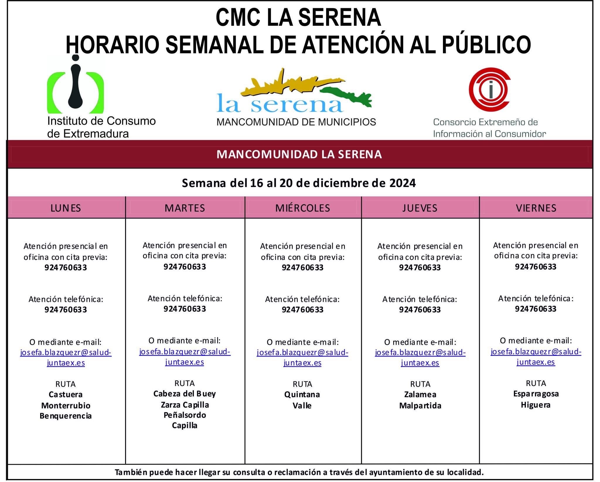 Horario semanal de Atención al público de CMC La Serena