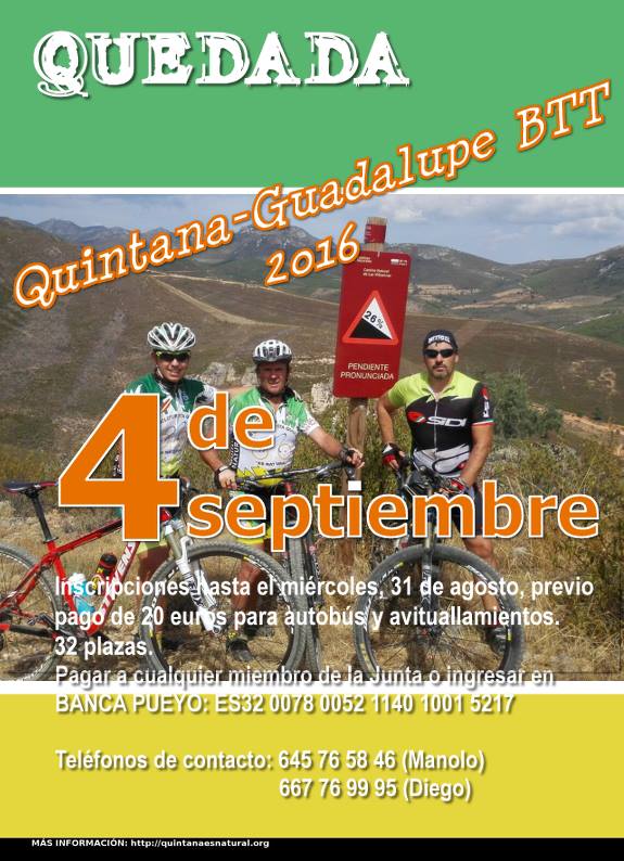 Quedada Quintana-Guadalupe BTT el domingo 4 de septiembre