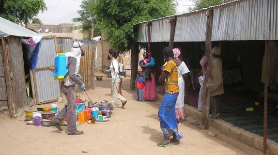 Cooperantes extremeños fumigando contra la malaria en la localidad senegalesa de Touba.