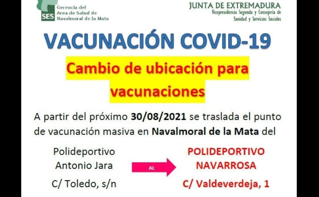 Cambio de ubicación de las vacunas contra el covid-19 en el Área de Salud de Navalmoral de la Mata