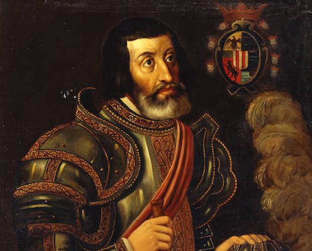 Retrato de Hernán Cortés, por el pintor mexicano José Salomé Pina. Al fondo, el escudo heráldico del conquistador, con las cabezas de siete vasallos de Moctezuma. ::. r. c