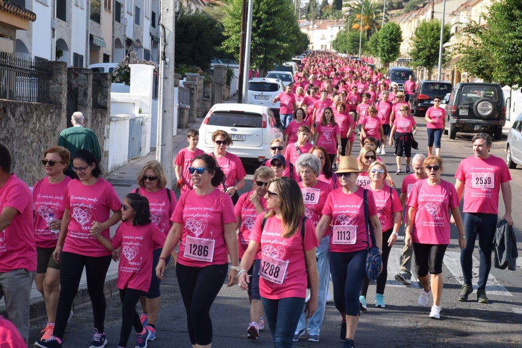 Las calles de la ciudad se tiñeron de rosa, con la celebración ayer de la multitudinaria VIII Marcha Contra el Cáncer. Reunió no solo a vecinos de Trujillo, sino también de diferentes poblaciones de la comarca e incluso, de otras zonas de Extremadura. Al final, se vendieron 3.132 dorsales, una cifra muy parecida a la del año pasado, a un precio de 5 euros. Junto a esos dorsales, se entregaron las camisetas rosas identificativas.