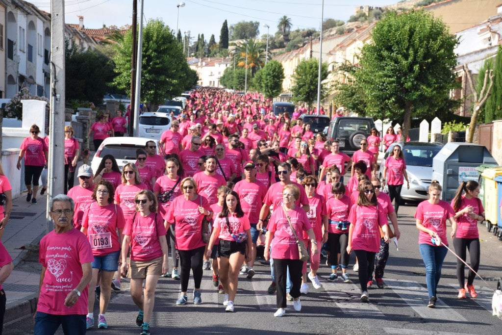 Las calles de la ciudad se tiñeron de rosa, con la celebración ayer de la multitudinaria VIII Marcha Contra el Cáncer. Reunió no solo a vecinos de Trujillo, sino también de diferentes poblaciones de la comarca e incluso, de otras zonas de Extremadura. Al final, se vendieron 3.132 dorsales, una cifra muy parecida a la del año pasado, a un precio de 5 euros. Junto a esos dorsales, se entregaron las camisetas rosas identificativas.