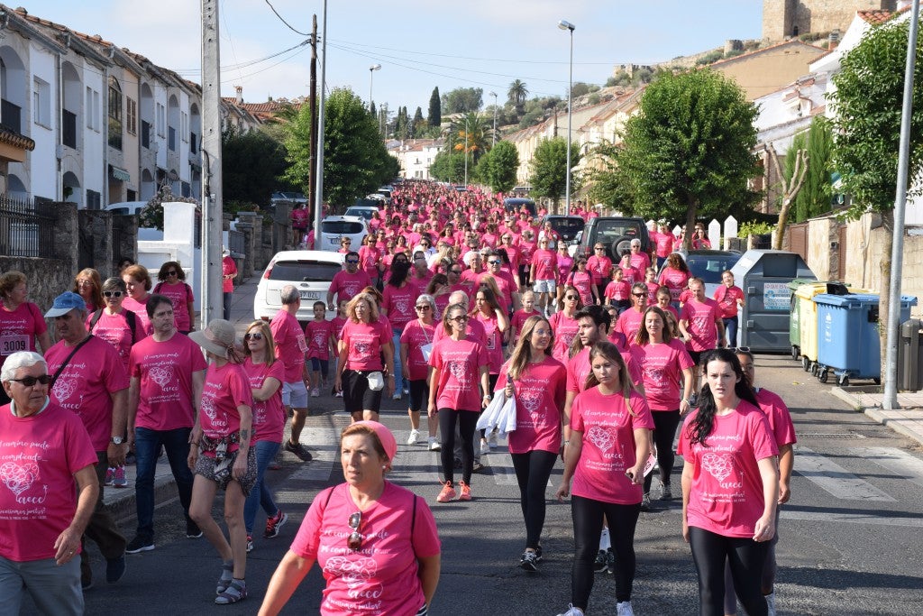 Las calles de la ciudad se tiñeron de rosa, con la celebración ayer de la multitudinaria VIII Marcha Contra el Cáncer. Reunió no solo a vecinos de Trujillo, sino también de diferentes poblaciones de la comarca e incluso, de otras zonas de Extremadura. Al final, se vendieron 3.132 dorsales, una cifra muy parecida a la del año pasado, a un precio de 5 euros. Junto a esos dorsales, se entregaron las camisetas rosas identificativas.