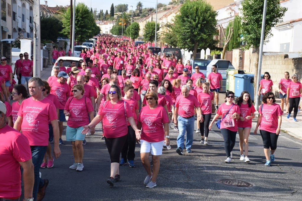 Las calles de la ciudad se tiñeron de rosa, con la celebración ayer de la multitudinaria VIII Marcha Contra el Cáncer. Reunió no solo a vecinos de Trujillo, sino también de diferentes poblaciones de la comarca e incluso, de otras zonas de Extremadura. Al final, se vendieron 3.132 dorsales, una cifra muy parecida a la del año pasado, a un precio de 5 euros. Junto a esos dorsales, se entregaron las camisetas rosas identificativas.