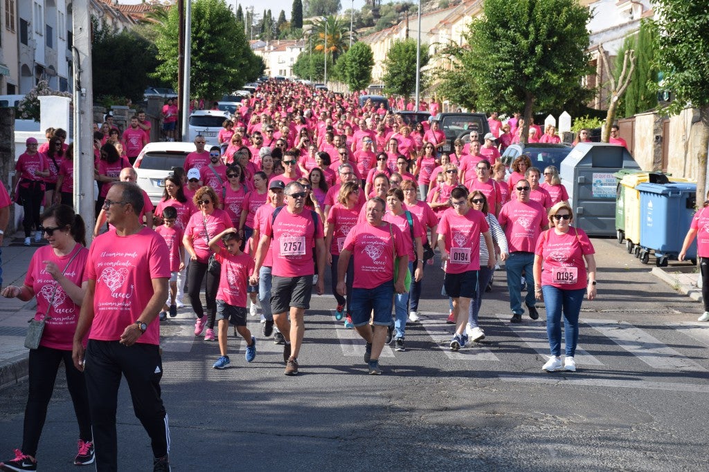 Las calles de la ciudad se tiñeron de rosa, con la celebración ayer de la multitudinaria VIII Marcha Contra el Cáncer. Reunió no solo a vecinos de Trujillo, sino también de diferentes poblaciones de la comarca e incluso, de otras zonas de Extremadura. Al final, se vendieron 3.132 dorsales, una cifra muy parecida a la del año pasado, a un precio de 5 euros. Junto a esos dorsales, se entregaron las camisetas rosas identificativas.