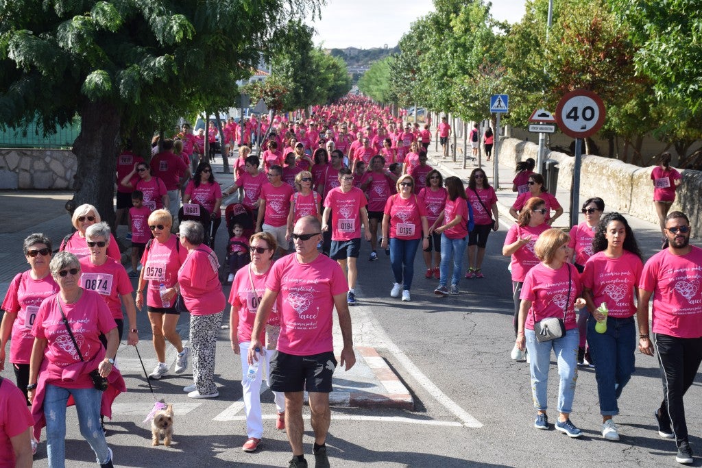 Las calles de la ciudad se tiñeron de rosa, con la celebración ayer de la multitudinaria VIII Marcha Contra el Cáncer. Reunió no solo a vecinos de Trujillo, sino también de diferentes poblaciones de la comarca e incluso, de otras zonas de Extremadura. Al final, se vendieron 3.132 dorsales, una cifra muy parecida a la del año pasado, a un precio de 5 euros. Junto a esos dorsales, se entregaron las camisetas rosas identificativas.