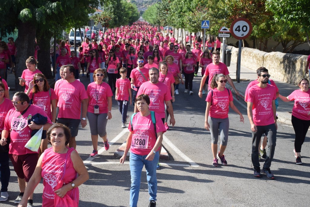 Las calles de la ciudad se tiñeron de rosa, con la celebración ayer de la multitudinaria VIII Marcha Contra el Cáncer. Reunió no solo a vecinos de Trujillo, sino también de diferentes poblaciones de la comarca e incluso, de otras zonas de Extremadura. Al final, se vendieron 3.132 dorsales, una cifra muy parecida a la del año pasado, a un precio de 5 euros. Junto a esos dorsales, se entregaron las camisetas rosas identificativas.