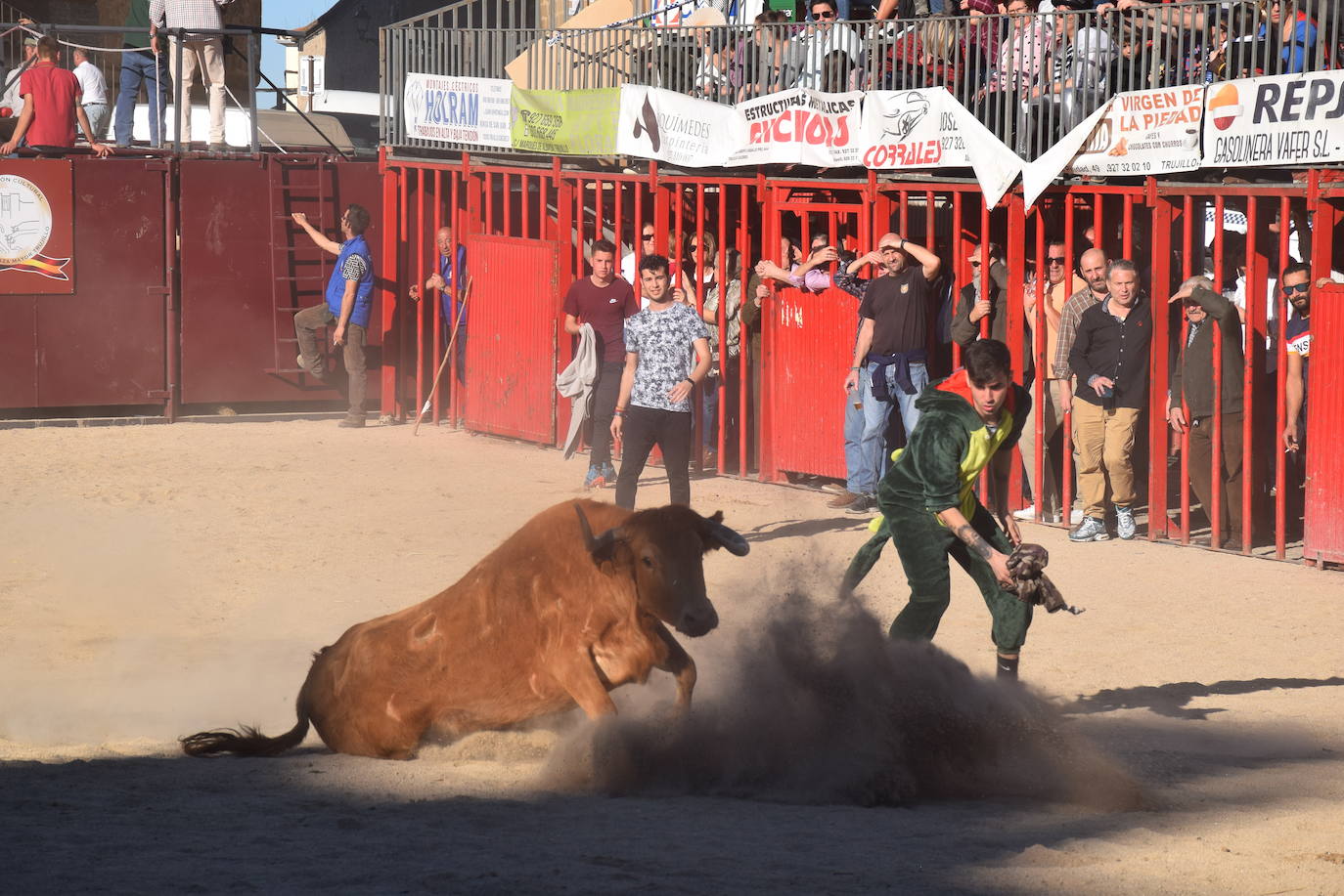Un aficionado hace un recorte a la vaca en la capea 