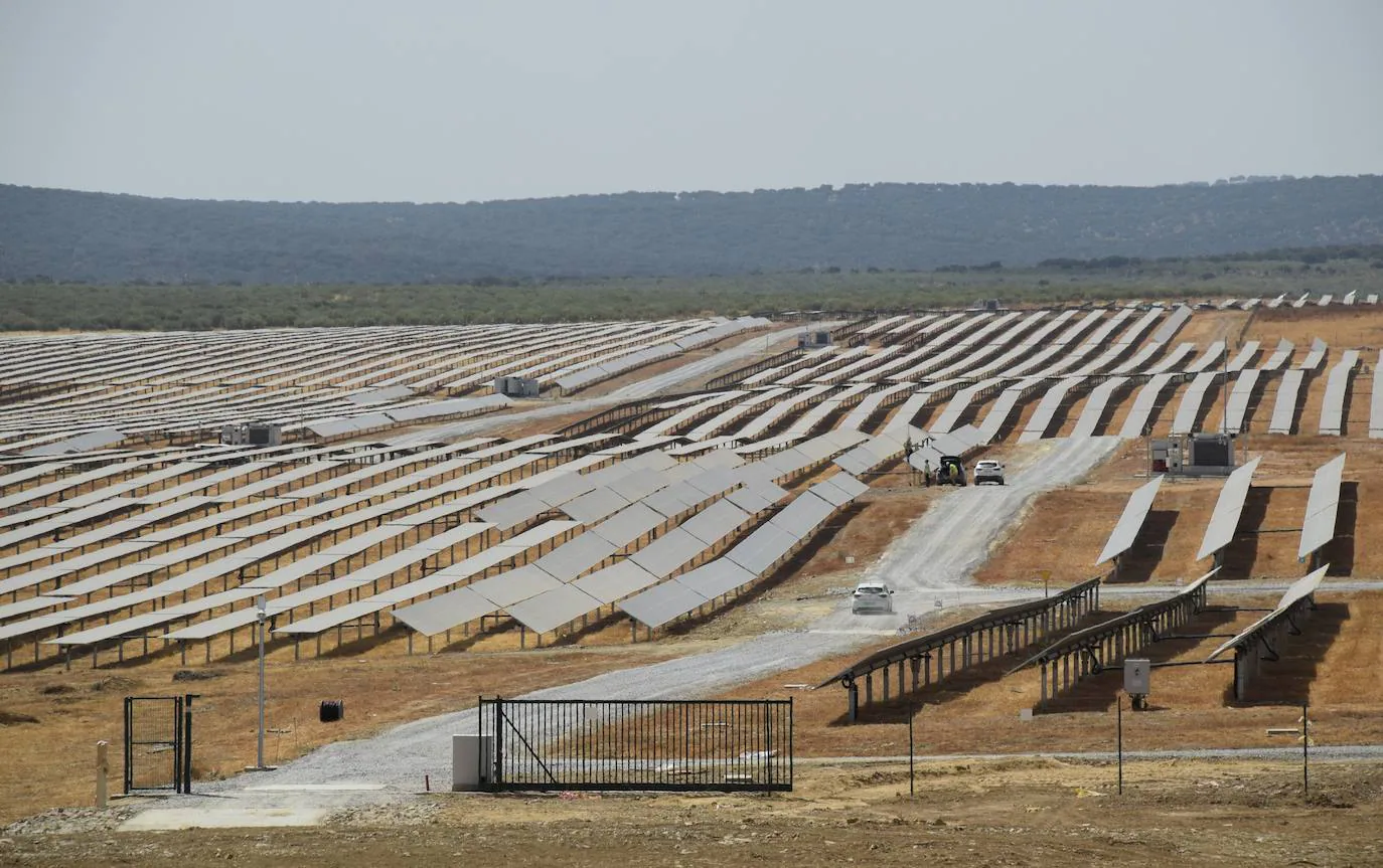 Dos vehículos circulan ayer entre los paneles solares de la fotovoltaica Francisco Pizarro, entre Aldeacentenera y Torrecillas de la Tiesa. 