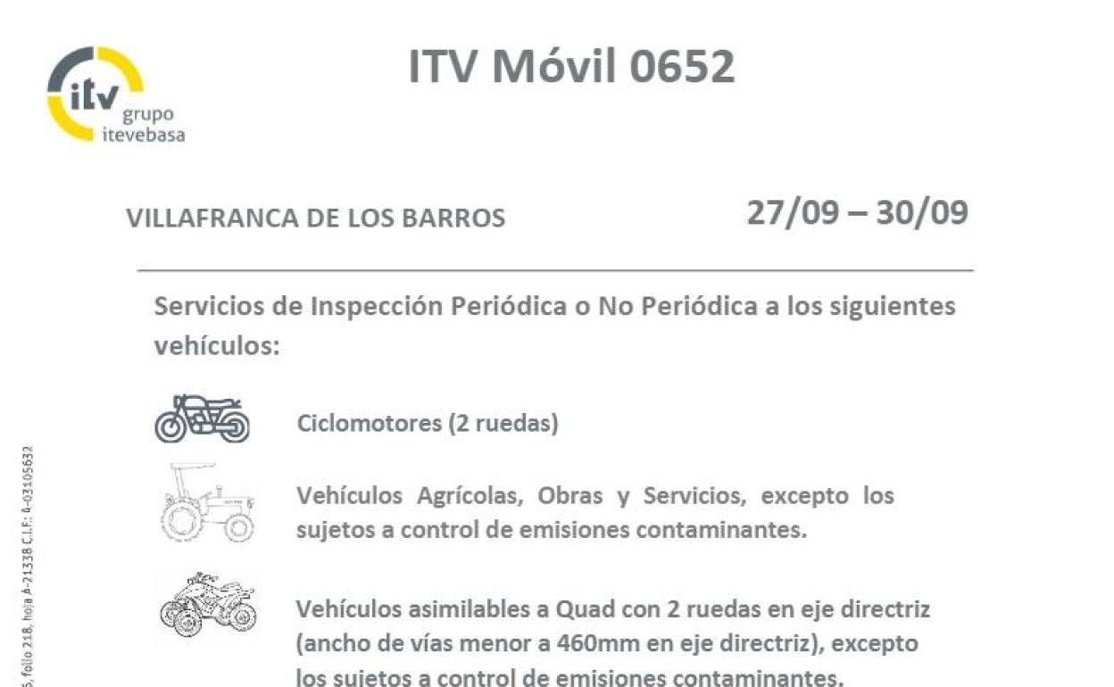 Una estación móvil de la ITV volverá a Villafranca del 27 al 30 de septiembre