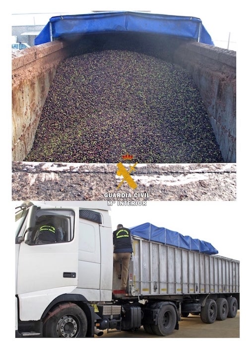 Uno de los camiones con las aceitunas sustraídas. CEDIDA